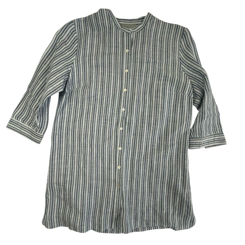 August Silk Logic Linen Blend Tunic Blouse Women 4 Blue Striped 3/4 Sleeve Top